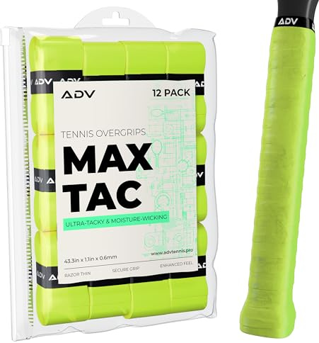 ADV MaxTac Tacky - Paquete de 12 agarres de tenis antideslizantes extremadamente pegajosos - Cinta de agarre para raqueta de tenis profesional delgada y fácil de usar (paquete de 12 voltios)