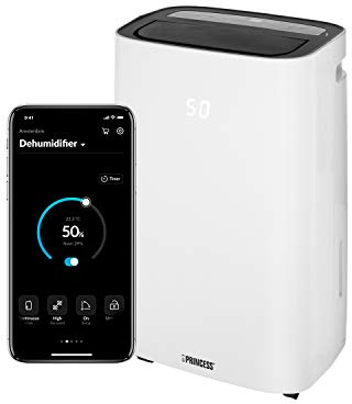 Princess Smart Dehumidifier, 20L/Day, Suitable for Spaces up to 30m2, Easy Steer Wheels, Laundry Mode, 24 Hour Timer, Defrost Function, Free App, Compatible with iOS and Android
