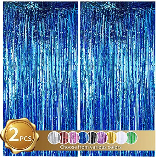 2 Stück Folien Fransenvorhang, blauer Lametta Metallic Vorhänge, Foto Hintergrund für Hochzeit, Verlobung, Brautparty, Geburtstag, Bachelorette, Party, Bühnendekoration(3,28 ft x 6,56 ft)