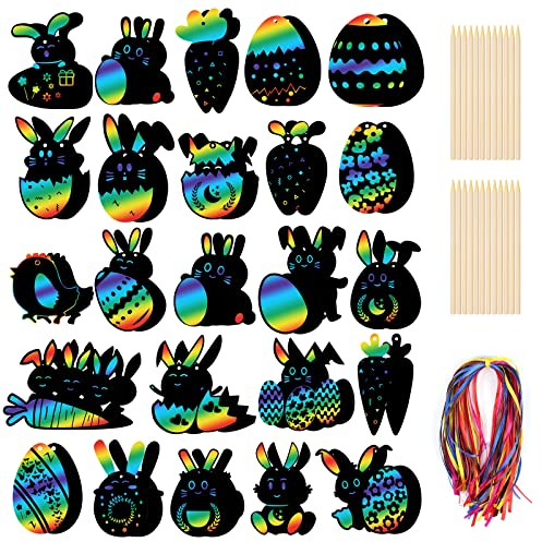 Vicloon Ostern Kratzbild Kinder, 48 Stück Hase Kratzpapier, Osterhasen Kratzpapier, Regenbogen Kratzpapier Kinder, Regenbogen Scratch Art DIY Dekoration für Ostern Party Mitgebsel (Oeuf)