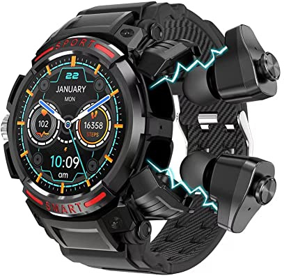 Smartklocka med öronsnäckor, 4-i-1 smart Bluetooth-klocka, 1,4 tum HD-skärm smartklocka för män, robust militär Bluetooth-samtal (svar/kalender) fitnessmätare, IP67 vattentät, AI röstassistent