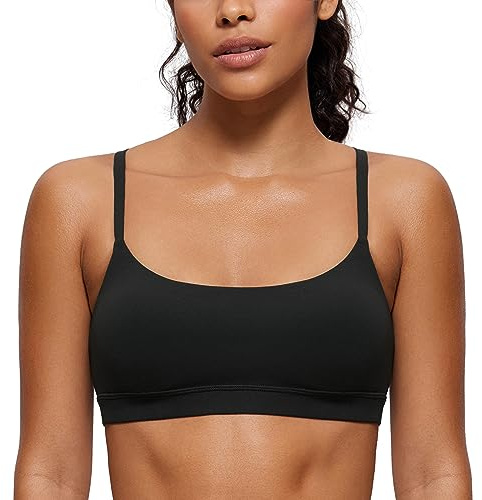 CRZ YOGA Butterluxe Adjustable Spaghetti Strap Sports Bras for Women - Scoop Neck Wireless Padded Yoga Workout Crop Top Black Medium