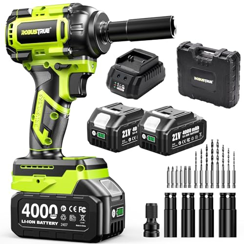 Robustrue Cordless Impact Wrench, 590Ft-lbs (800N.m) Brushless 1/2 inch, 2800RPM High Torque Impact Gun, 2x 4.0Ah Battery, Charger, 4 Sockets, Electric Impact Wrench for Car Home