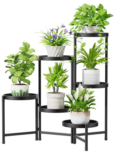 iDavosic.ly Pflanzenständer Metall Groß mit 6 Etagen, Blumenständer Pflanzenregal Blumenregal Indoor Outdoor, Faltbar Blumentreppen Innen Plant Stand Shelf für Garten Balkon Wohnzimmer (Rund, Schwarz)