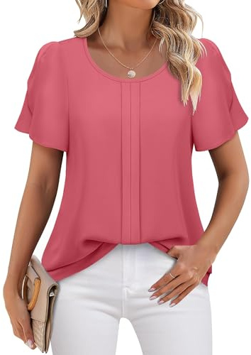 Triratna Work Tops for Women Office Professional Short Sleeve Pink Shirts Business Casual Outfits Fancy Pleated Crew Neck Chiffon Blouses for Women Fashion 2024 Evening Party Slimming Fit Pink, M
