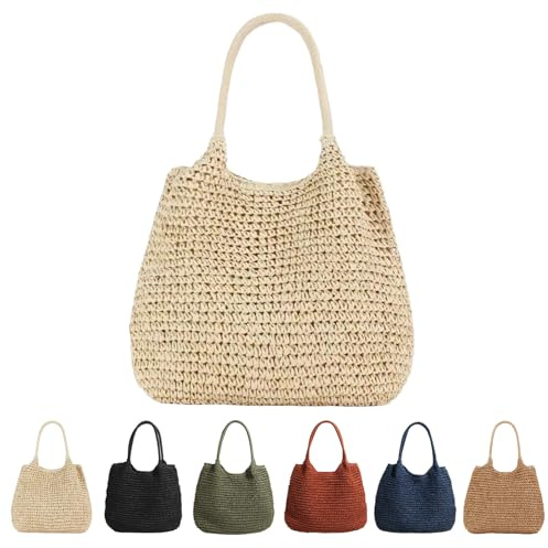 CXINLky Bolso de paja de verano para mujer, bolsa de paja de verano, bolsa de paja de gran capacidad, bolso de playa bohemio, bolso trenzado, bolsa de cesta, bolsa de playa