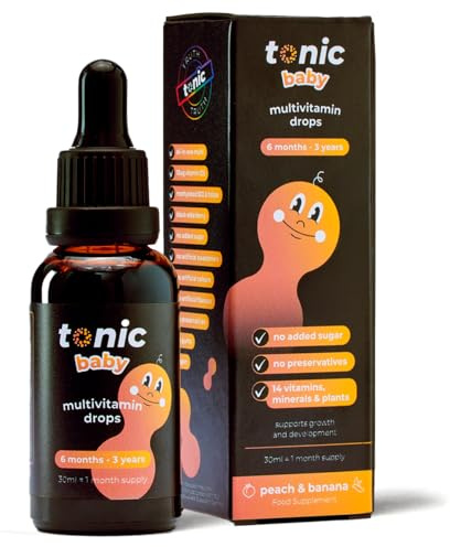 Tonic Health Baby Multivitamin Drops - 14 Baby Vitamins A, C, D, Minerals, and Plants - No Sugar/Preservatives - Kids Vitamins 6 to 36 mos for Growth and Development, Peach and Banana 30ml (Pack of 1)