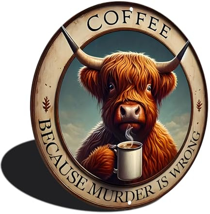 Yiruhe Funny Coffee Cow Aluminium Round Decorative Painting - Vintage Wall Decoration for Coffee Shops, Kitchens, Offices, Round 8x8 inch Metal Hanging Decoration(2485)