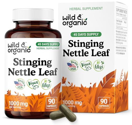 Wild & Organic Stinging Nettle Leaf Capsules - 1000 mg Stinging Nettle Extract for Urinary Support - 90 Vegan Herb Capsules - 45 Days Supply - Non-GMO, Gluten-Free, No Fillers