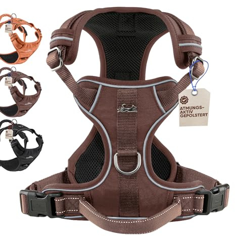 FREUDENTIER Hundegeschirr mit Griff, atmungsaktiv gepolstert - Bombenfester Sitz & maximale Sicherheit - Anti Zug Hundegeschirr kleine, mittelgroße & Grosse Hunde - Hunde Geschirr (Braun, XL)