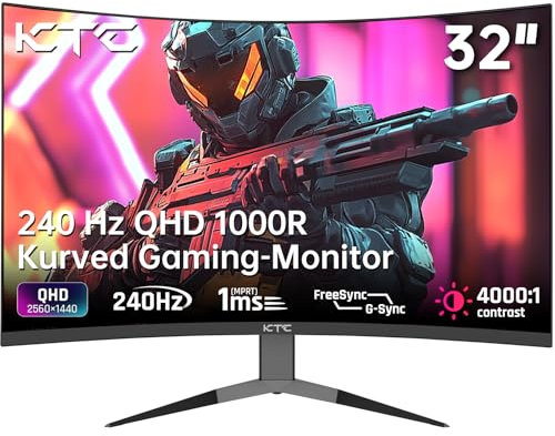 KTC Monitor 32 Pulgadas Curvo 1000R, Monitor Gaming 2K WQHD (2560x1440p) 240Hz, MPRT 1ms, Adaptive Sync, 122% sRGB, Contraste 4000:1, DP 1.4 (240Hz), HDMI 2.0 (144Hz), inclinación y Soporte VESA