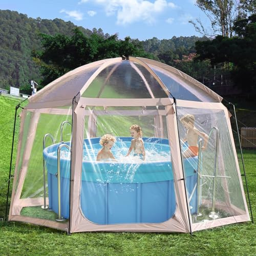 Toldo de piscina para piscinas de hasta 300 cm de diámetro, 2 en 1, toldo y tienda de burbujas, redonda, 100% anticaída de hojas y protección solar, pabellón de piscina, 400 x 400 x 280 cm.