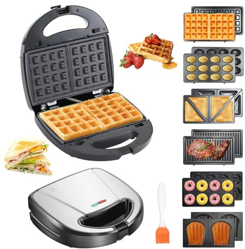 OKYUK 750W Sandwichmaker mit 6 wechselbaren Platten, Sandwichtoaster & Waffeleisen mit Antihaftbeschichtung für Frühstück, Panini und Grillen