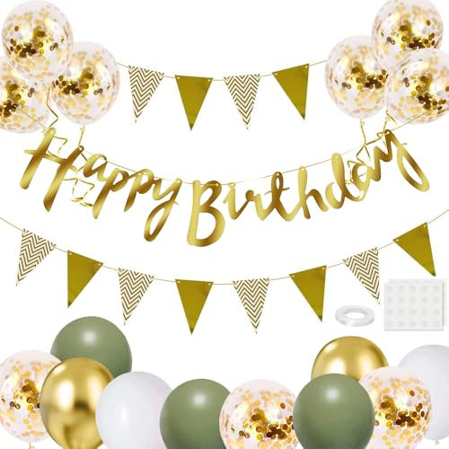 Geburtstag Dekoration Set, Grün Gold Luftballons Geburtstagsdeko, Party Deko Geburtstag Set mit Happy Birthday Banner Girlande Luftballons Konfetti Ballons Dreiecksflaggen für Birthday Party Supplies