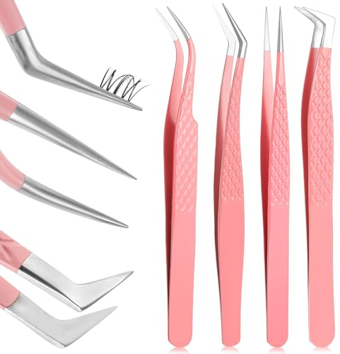 Nogeqi 4 Stück Edelstahl Wimpern Pinzette Für Lashes, Pinzette Spitz Wimpernzange Verlängerung, Wimpernzangen Wimpernpinzette Mit Spitzen, Geraden Und Gebogene Für Wimpernverlängerung (Gestreift Rosa)