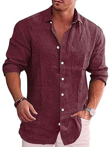 Oanviso Chemise en Lin pour Homme Couleur Unie Chemisette à Revers Chemises à Boutonné Manches Longues Décontractée Haut avec Boutons et Poche de Poitrine A Bordeaux XL