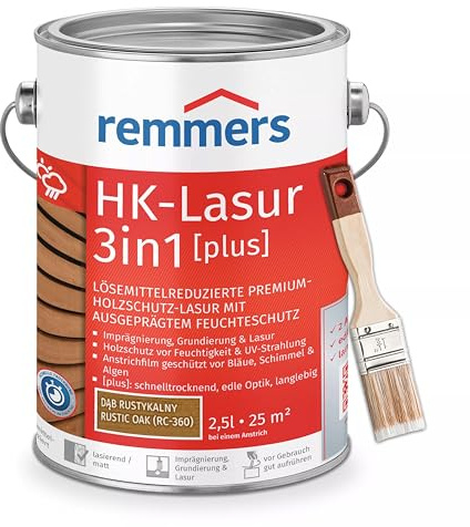 RemmersSet HK-Lasur 3in1 Plus + Pinsel Bandloo Set – Holzlasur für Außenbereich: Imprägnierung, Grundierung & Lasur in einem, Schutz vor Feuchtigkeit & UV-Strahlung, Varnish (Eiche rustikal, 2,5 L)
