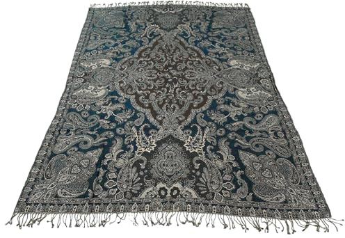 Lorenzo Cana - 96329 - Couverture jacquard tissée en coton avec laine mérinos d'agneau mérinos - Couverture de canapé - Couverture de pique-nique - Plaid bleu cachemire - 140 cm x 200 cm