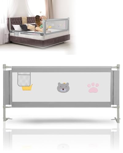 Hebitod Griglia di protezione per lettino da bambino, 200 x 70 cm, altezza regolabile 70 – 98 cm, stabile griglia per letto con chiusura di sicurezza, rete traspirante, grigio