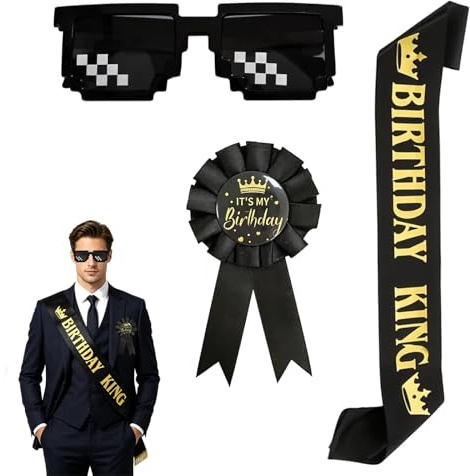 Kit Anniversaire Homme 3 Pièces Noir Or, Echarpe Anniversaire Birthday King avec Badge et Lunettes, Accessoires Fête Soirée, Décoration Photobooth Cadeau pour Papa Ami Frère Mari Collègue