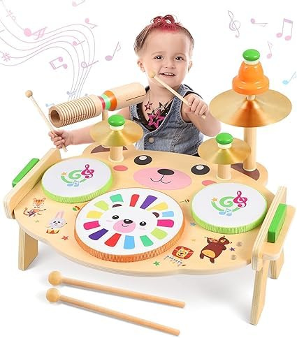 Kids Drum Kit - Musical Toys for 3 4 Year Old Boys And Girls - Musical Instruments Baby Toys 36+ Months - Wooden Toys Baby Drum Set - Toddler Toys 3St Birthday Gifts for Boys Girls