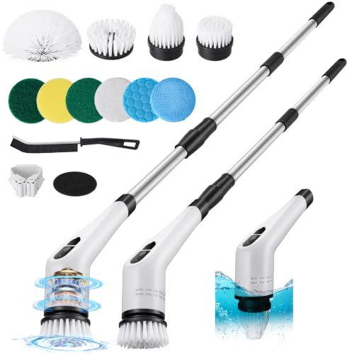 Cepillo Electrico Limpieza Hogar, 12 en 1 Cepillo Limpieza Electrico con Mango Ajustable, 2 Velocidades Ajustables, Impermeable, Fregadora Giratoria Eléctrica para Baño, Pared, Bañera, Azulejo, Piso