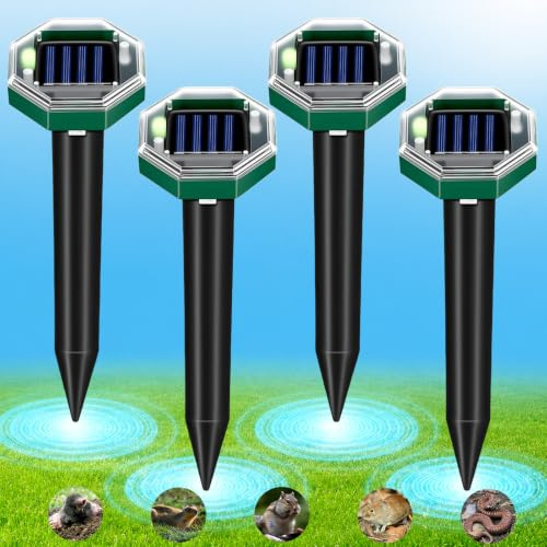 Ahuyentador de Topos,Repelente de Topos Ultrasonido Exterior,Solar Impermeable Ultrasónico de Ratas,Ecológico Ratones y Serpientes, per Césped, Patio y Jardín (4 Paquete)