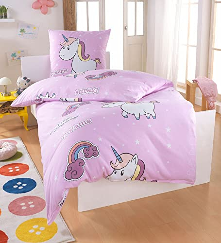 DreamHome Hochwertige Einhorn Bettwäsche 135x200 für Mädchen Unicorn Mikrofaser Bettbezug Lille Pony Kinder Bettzeug Pferde Sommer Bettdecke