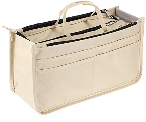 IGNPION - Bolsa organizadora para interior de bolsos de mano, estampada, 13 bolsillos, extensible, con cierre de cremallera, bolsa organizadora para bolso de pañales, con asa (color beige)