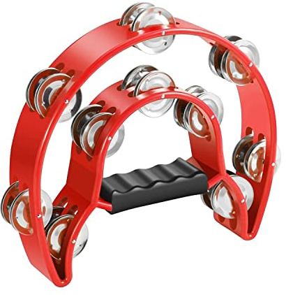 Flexzion Tamburin, Handtrommel - 25cm Schellenkranz mit Handgriff, Musik Schlaginstrument, zweireihig Schellenring in Halbmond-Form Rahmen, mit 20 Paar Metall Schellen, für KTV & Party, Rot