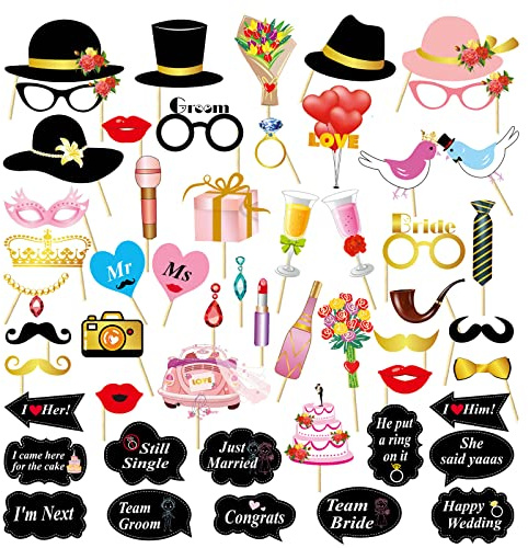 VEGCOO 52 Pcs Engagement Wedding Photo Props Kit, Selfie Props for Bridal Shower & Wedding Party