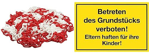 PEREL - 1186-10 Kunststoffkette, 6 mm Durchmesser, 10 m Länge, Rot/Weiß 138869 & Metafranc Hinweisschild Betreten des Grundstücks verboten! - 250 x 150 mm/Beschilderung/Verbotsschild