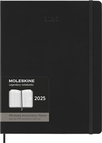Moleskine Weekly Planner, Agenda Semanal Vertical Pro 12 Meses 2025, Tapa Dura y Cierre Elástico, Color Negro, Formato Extra Grande 19x25 cm