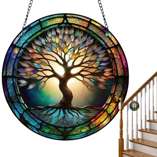 Arbre de décoration de fenêtre - Attrape-soleil papillon pour fenêtre - Arbre de vie coloré - Attrape-soleil papillon en acrylique - Attrape-soleil décoratif en verre coloré - Pour l'extérieur