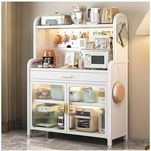 Estantes blancos para cocina con cajón y soporte para microondas, armario de almacenamiento de 5 niveles con estante ajustable, estante para horno microondas para cocina, 147,5 x 80 cm