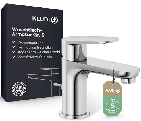 KLUDI-X1 Waschtischarmatur mit Zugstangen-Ablauf, Auslaufhöhe 75 mm, wassersparender Wasserhahn Bad Größe S, Keramikkartusche, Mischbatterie Waschbecken inkl. Anschlussschläuche in Chrom