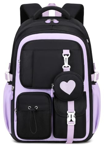 Tanou Sac a Dos Ecole Fille, Respirant et Confortable Cartable Fille Primaire et College, Sac à Dos Scolaire à la Mode pour Adolescentes en Tissu Oxford, Noir