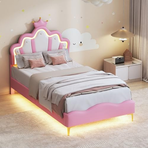 BPKADHY Vadderad barnsäng 90 x 200 cm, prinsesssäng med LED, justerbar huvudgavel, höjdjusterbar sänggavel, enkel sängstomme med ribbotten, för sovrum, syntetiskt läder (rosa)