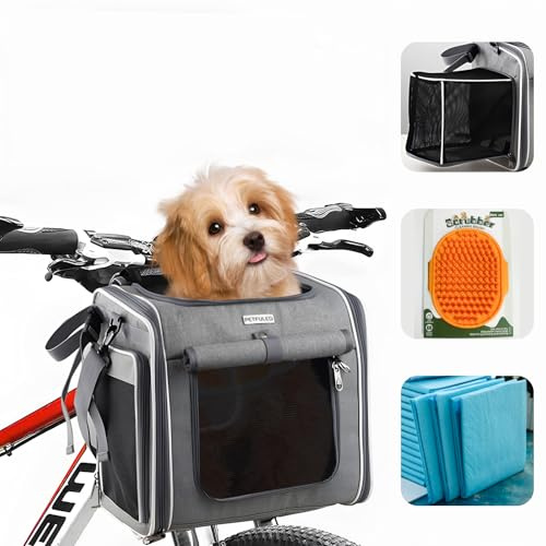 Hundekorb Fahrrad Vorne, Erweiterbarer Faltbarer Hundefahrradkorb Vorne mit 4-Offenen Türen, 4-Mesh-Fenster, Haustier-Reisetasche, Hunderucksack für Kleine und Mittelgroße Katzen und Hunde