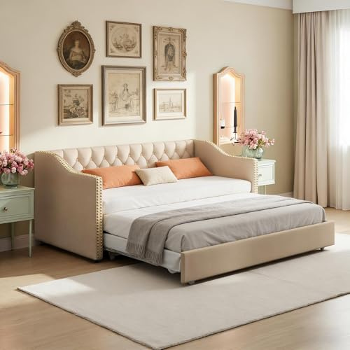 PerGar Sofá Cama de Matrimonio 90/180 x 200 cm, Cama de día Extensible, Cama Individual Multifuncional, Cama De Invitados, Plataforma tapizada con Listones de Madera, Lino, sin colchón, Beige