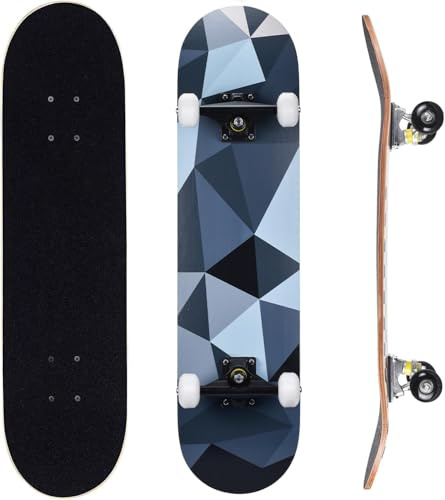 ERNAN Komplett skateboard för nybörjare, 31 x 8 tum (79 x 20 cm) dubbel kick-skateboard för barn, tonåringar och vuxna. Med Skate T-verktyg. (rombformad blå)