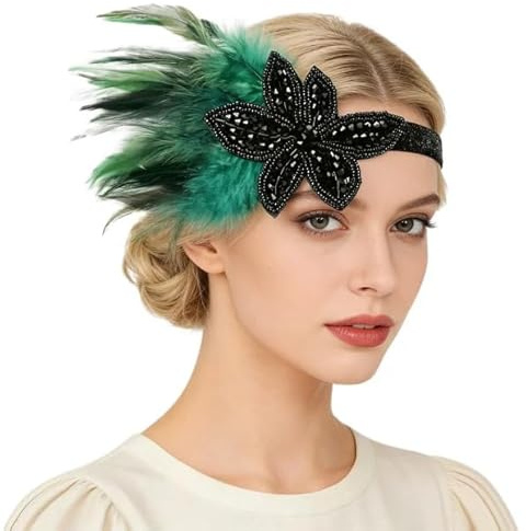 GYIOFAI Copricapo Anni '20, Cerchietto Strass Stile Vintage Anni '20 con Piume, Accessori Anni 20 Donna Gatsby per Cocktail Nozze Festa San Valentino (Verde)