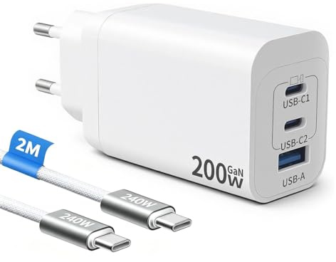USB C-laddare 200 W, 3-portars GaN Tech USB C-strömförsörjning PD+PPS snabbladdare, bärbar datorladdare, flera USB-strömadaptrar med 2 m C-C-kabel, kompatibel med MacBook Pro/iPhone 16 Pro Max/16/15