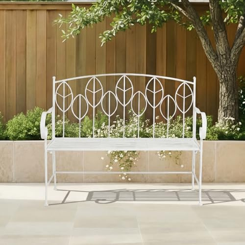 CHARLES BENTLEY Garden Bench, Antique White, Rustic Metal, Leaf Design, Lightweight, Weather Resistant, Outdoor, Patio, Balcony, Decorative Seating, Easy to Move, Modern Rustic, 2 Seater (106x92.5cm)