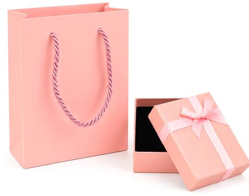 Gift Bag and Gift Box Set, 7x9x3cm Premium Pink Jewellery Box Gift and Paper Gift Bag, Elegant Small Gift Bags with Lid for Bracelet Earring Rings Necklaces Earrings Presents
