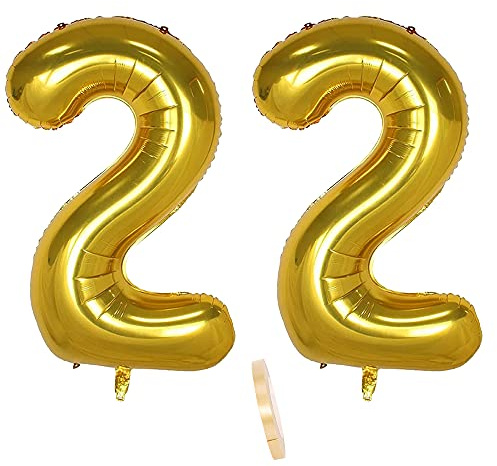 2 globos numeros 22 años, Number globo número 22 Dorado para Hombres Mujeres niños,40 Figuras Gold globo de lámina de helio inflable, gigante grande decoración fiesta de cumpleaños boda (xxxl 100cm)