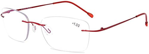 Men Women Progressive Reading Glasses Anti Glare Metal Rimless Bifocal Multifocal Lens Lightweight Transition Eyeglasses Diopter 1.00-3.00 Red,+2.50