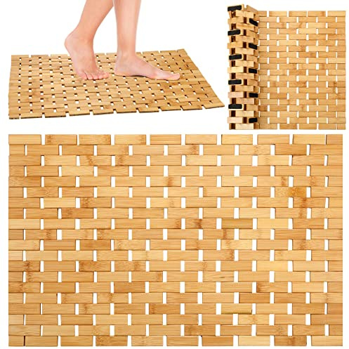 2 Pcs Bamboo Bath Mat Bathroom Rugs Floor Wood Shower Mat Non Slip Waterproof Wooden Shower Rug with Nonskid Silicone Pads for Bathroom Floor Spa Bathtub Kitchen(24 x 16 inches)