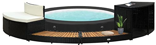 Festnight Bordo Spa, Bordo Vasca Spa, Bordo Piscina, Bordo per Piscina Fuori Terra, Nero in Polyrattan e Legno d'Acacia