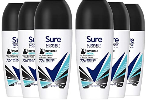 Sure Women 72H Motion Sense Antiperspirant Deodorant Roll-on with 0% Alcohol Nonstop Odour Protection, Invisible Aqua 50ml (Pack of 6)